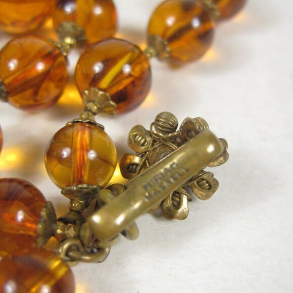 Miriam Haskell FAUX Amber Lucite Marbled Beaded Necklace 12 in Vintage Choker - Picture 4 of 8